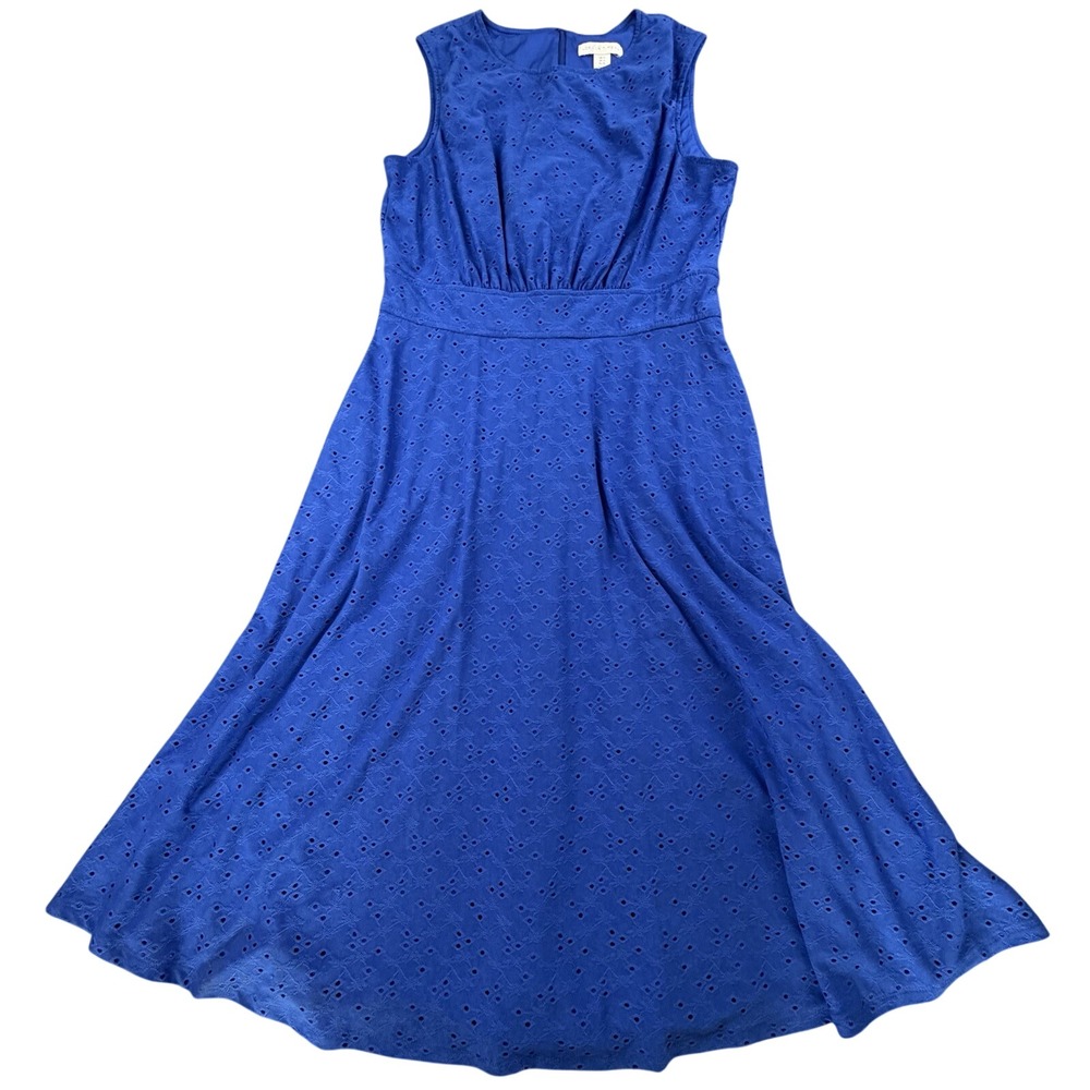 London Times Blue Eyelet Fit & Flare‎ Midi Dress US 10 Lined